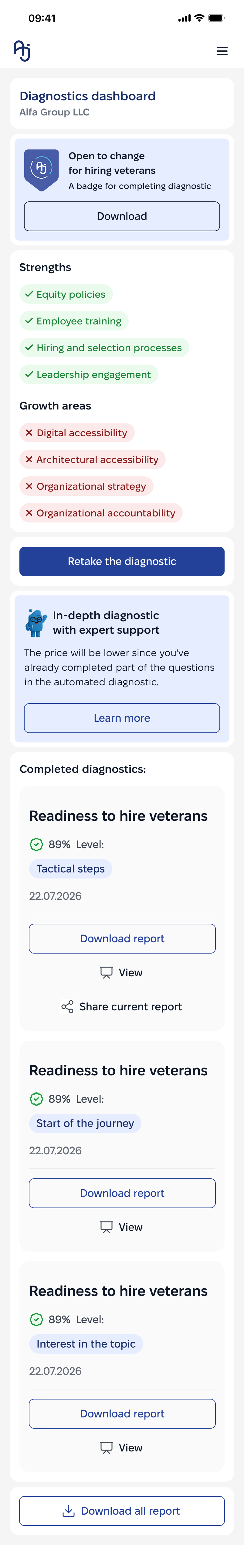 Diagnostics dashboard: badge, strengths, growth areas, and completed diagnostics list