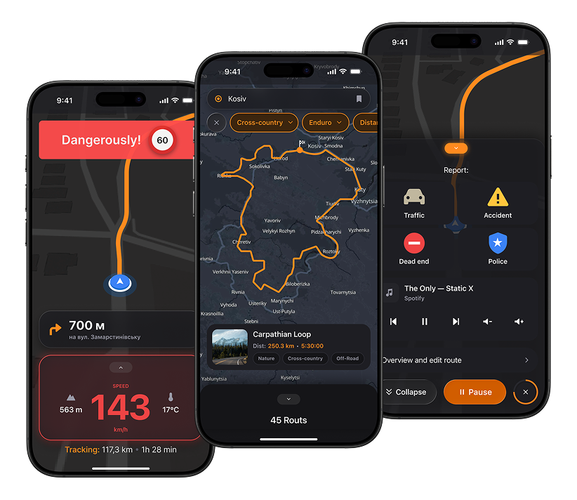 Ridi app screens: Danger state alert, route planning map, and turn-by-turn navigation