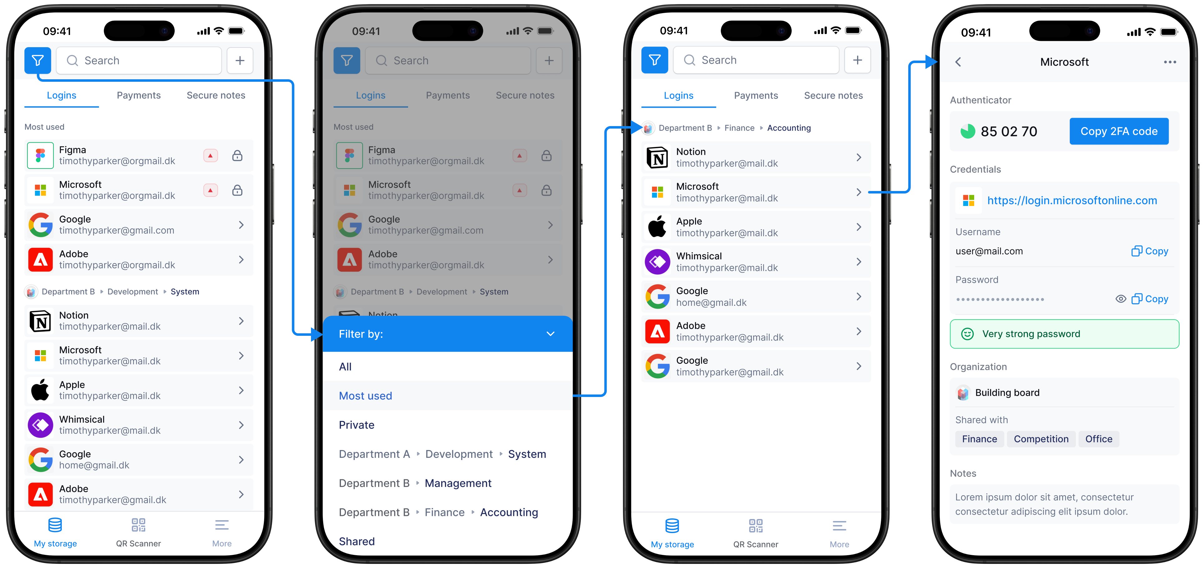 Flow: filtering logins by department, then opening a detailed login view with 2FA code and sharing tags