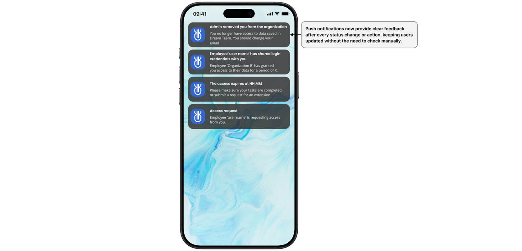 Notification feed with status for each security event